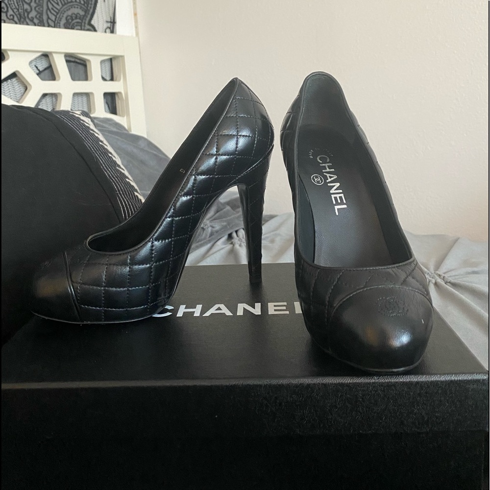 Authentic Chanel Black Leather Quilted Heels